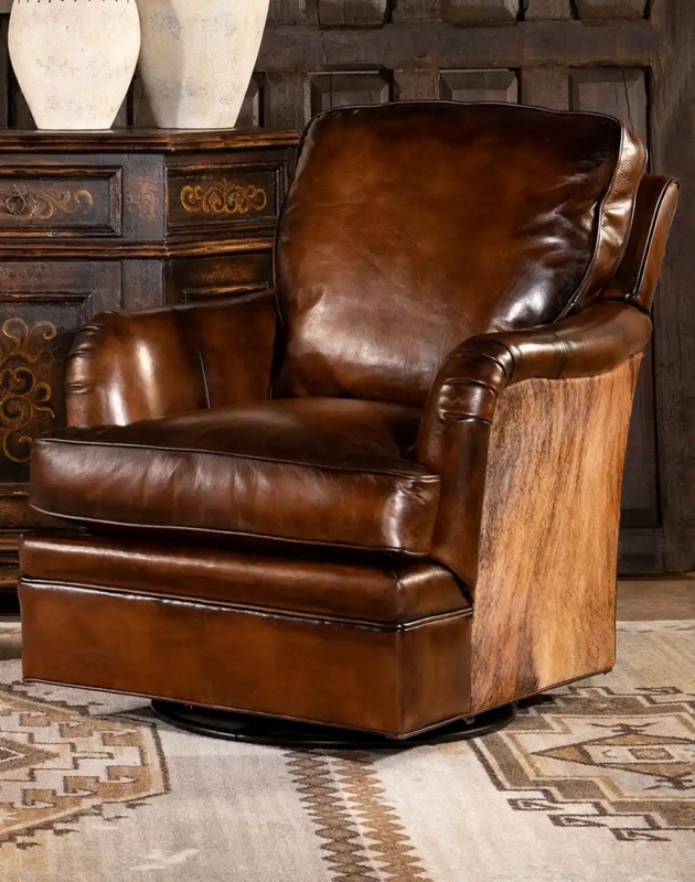 Swivel Glider Mocha Leather Hair On Hide Sides Rustic Western