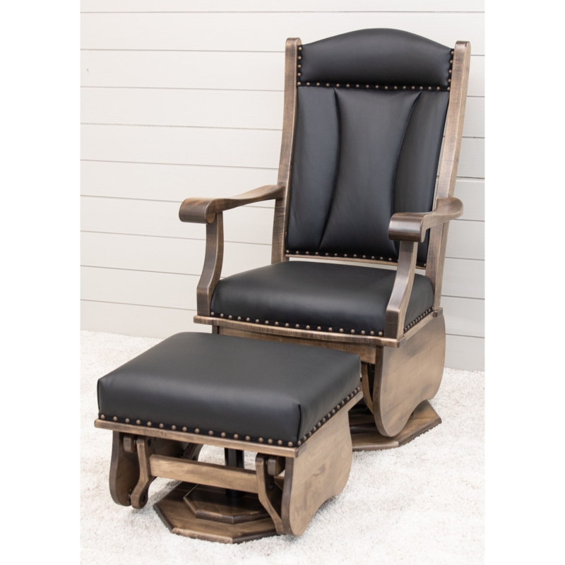 Swivel Glider Ottoman Arched Back Black Leather Nailhead Trim