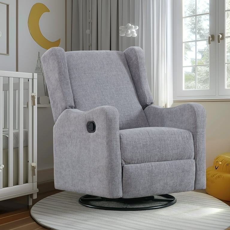 Swivel Glider Rocker in Gray Chenille Fabric with Wingback Profile