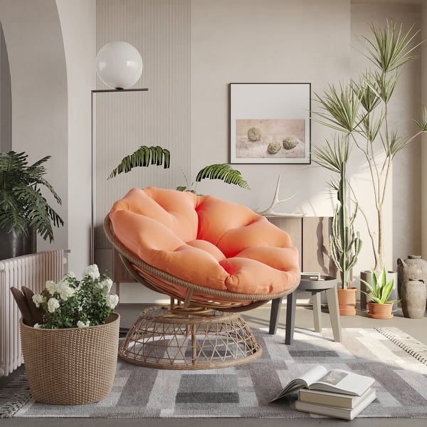 Swivel Papasan Chair, Peach Tufted Cushion, Wicker Pedestal