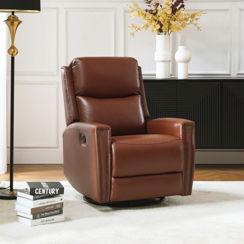 Swivel Recliner Cognac Leather Nailhead Trim Modern Traditional