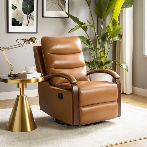 Swivel Recliner: Rocking Leather Lounge Chair with Curved Wooden Arms