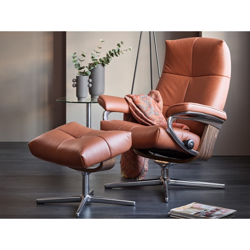 Swivel Recliner Wood Toned Shell Matching Ottoman Polished Base