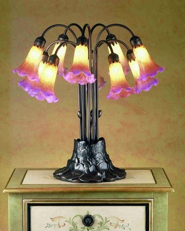 Table Lamp: 10 Light Pond Lily Design, Purple Gradient Glass Shades