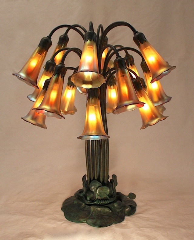 Table Lamp: 18 Light Lily Cluster, Iridescent Glass, Antique Bronze Base
