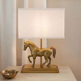 Table Lamp: Antique Gold Horse Figurine, Rectangular Shade, Traditional