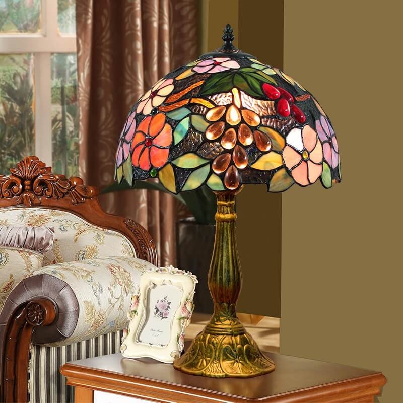Table Lamp Antique Gold Toned Base Pink Orange Floral Grape Glass
