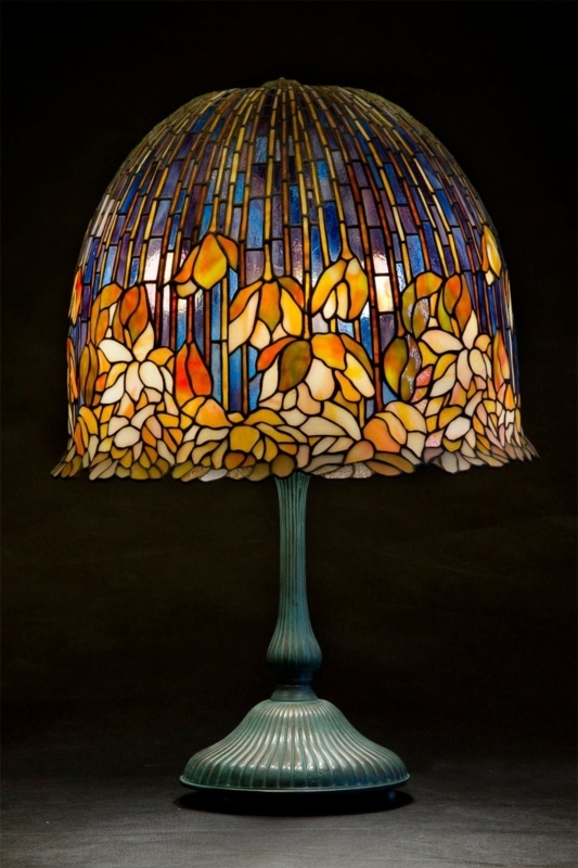 Table Lamp: Antique Verdigris Base Deep Blue Lotus Shade