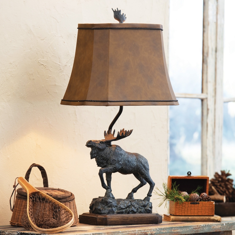 Table Lamp Antler Finial with Moose Sculpture and Leather Like Shade