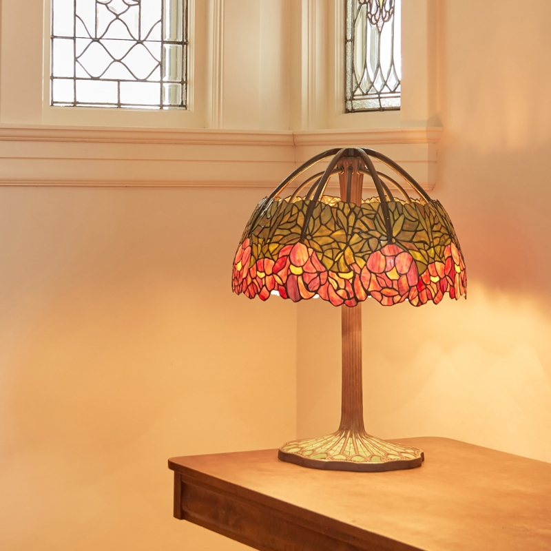 Table Lamp: Arched Shade Supports Rose Pink Lotus Lamp