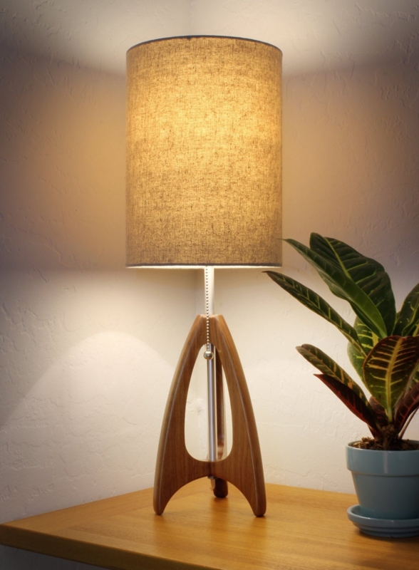 Table Lamp Arched Tripod Legs Walnut Burlap Shade