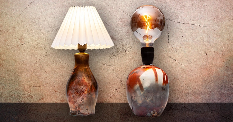 Table Lamp Artisan Pottery Exposed Filament Bulb Pleated Shade