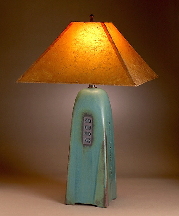 Table Lamp Arts and Crafts Ceramic Pyramid Shade Geometric Motif