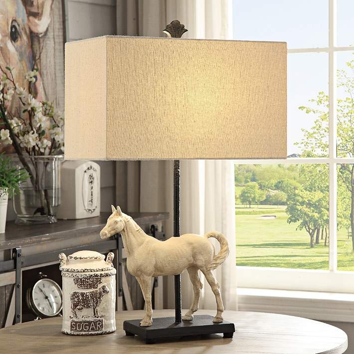 Table Lamp: Bleached White Distressed Horse Sculpture, Rectangular Shade