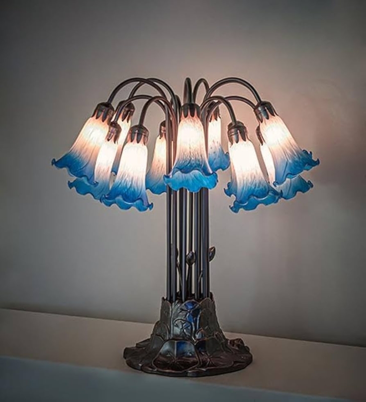 Table Lamp: Blue Gradient Twelve Light Lily, Reeded Stems, Bronze Base