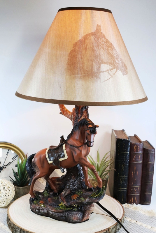 Table Lamp: Chestnut Brown Stallion, Saddle Detail, Horse Silhouette Shade