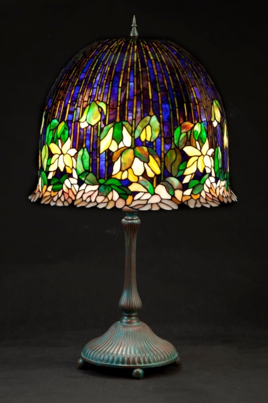 Table Lamp: Cobalt Blue Domed Leaded Glass Shade Lamp
