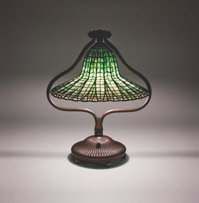 Table Lamp: Curved Lyre Arms Emerald Lotus Bell Lamp