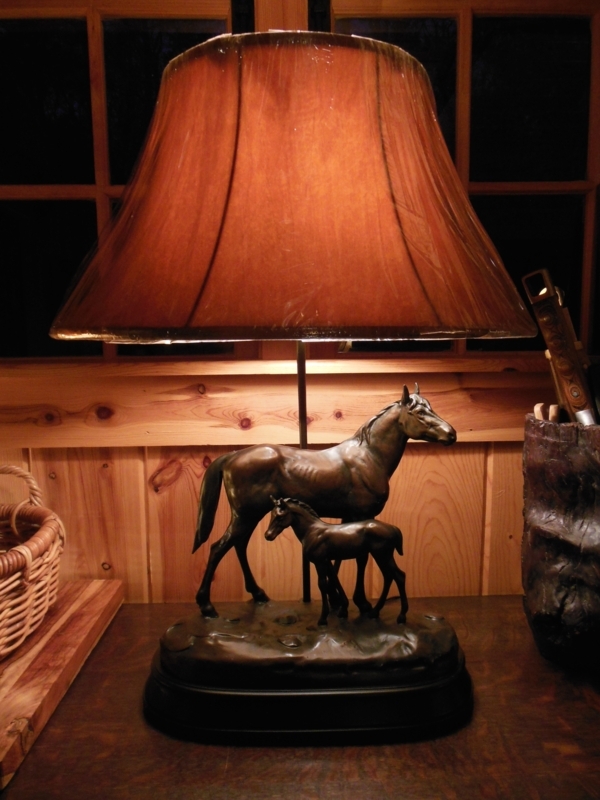 Table Lamp: Dark Bronze Mare and Foal Motif, Rustic Western Equestrian