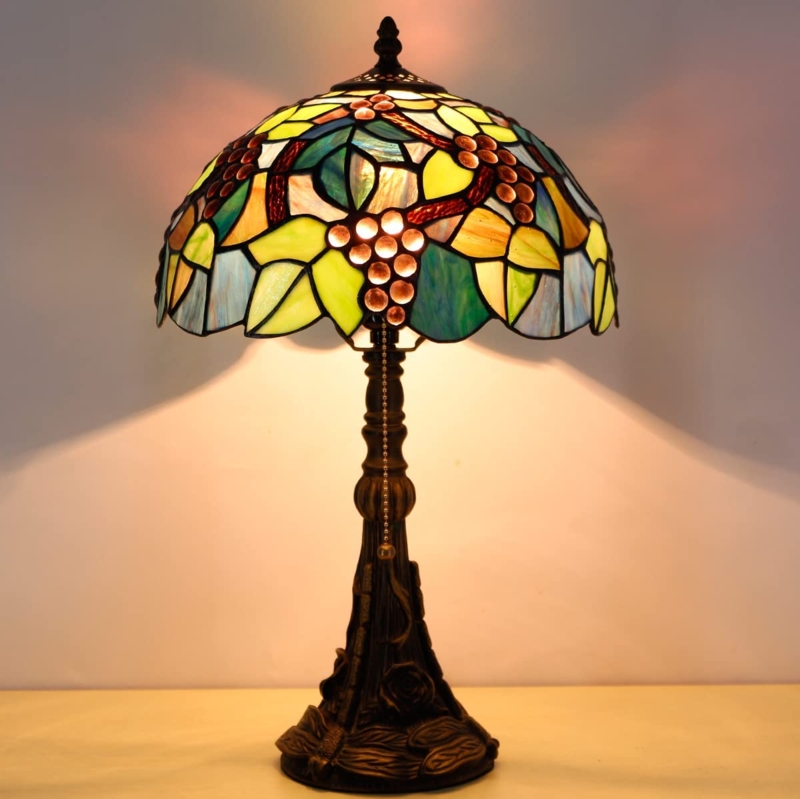 Table Lamp Decorative Relief Base Leaf Green Grape Stained Glass