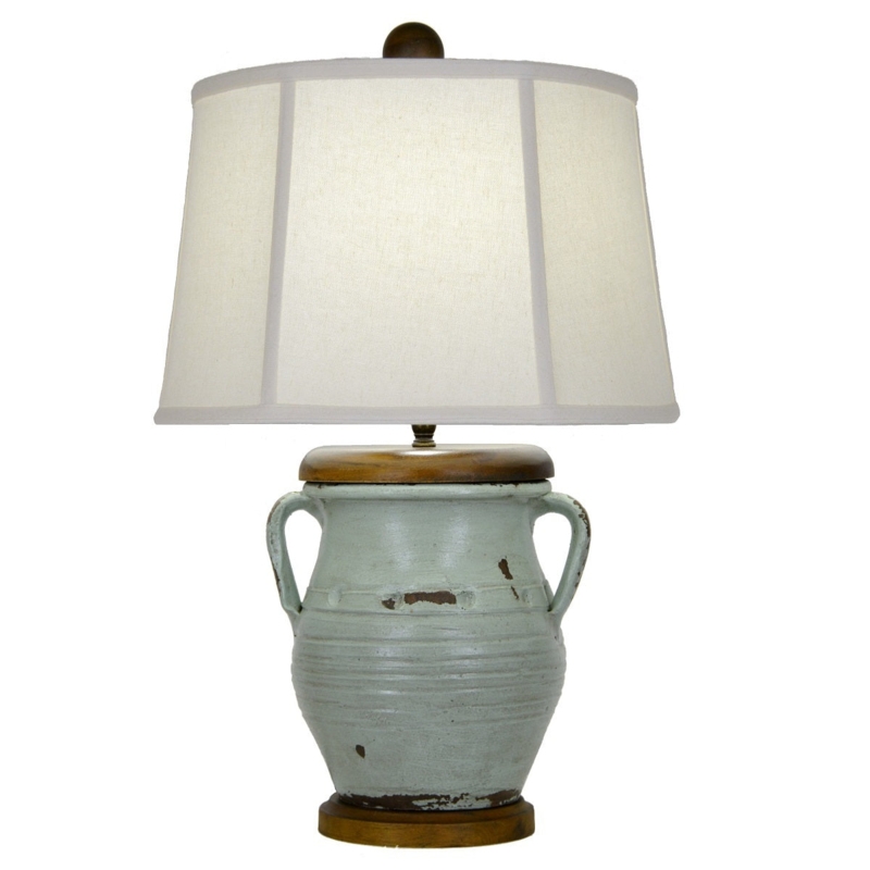 Table Lamp Distressed Seafoam Pottery Dual Handles Ribbed Texture