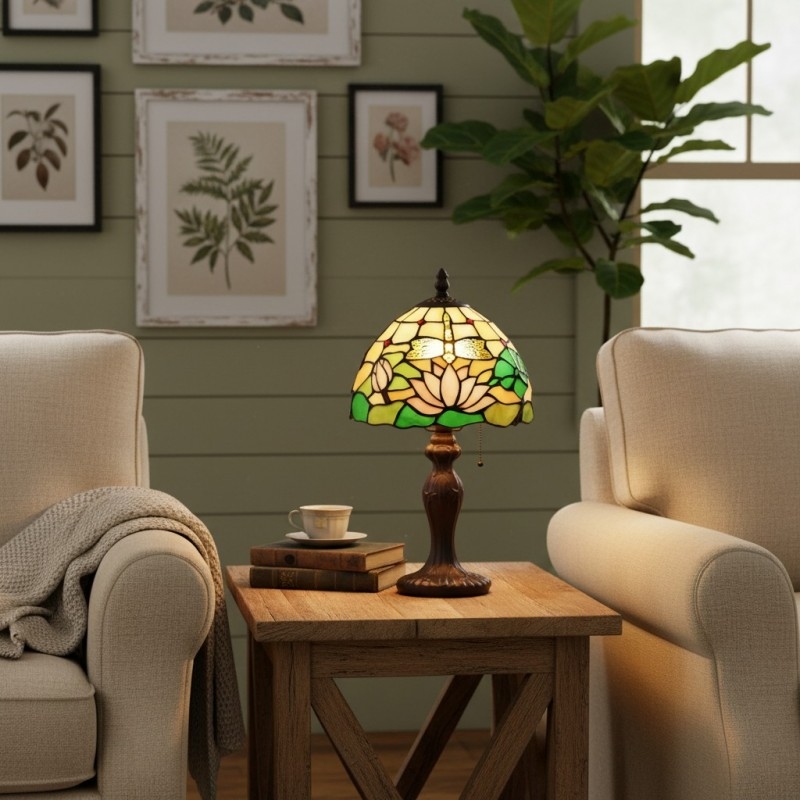 Table Lamp: Dragonfly Motif Warm Amber Stained Glass Light
