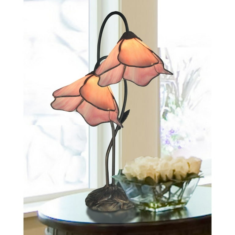 Table Lamp: Dual Light Pink Lily, Stained Glass Shades, Antique Bronze