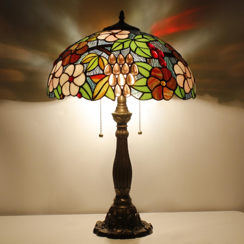 Table Lamp Dual Pull Chains Ornate Foot Floral Grape Stained Glass