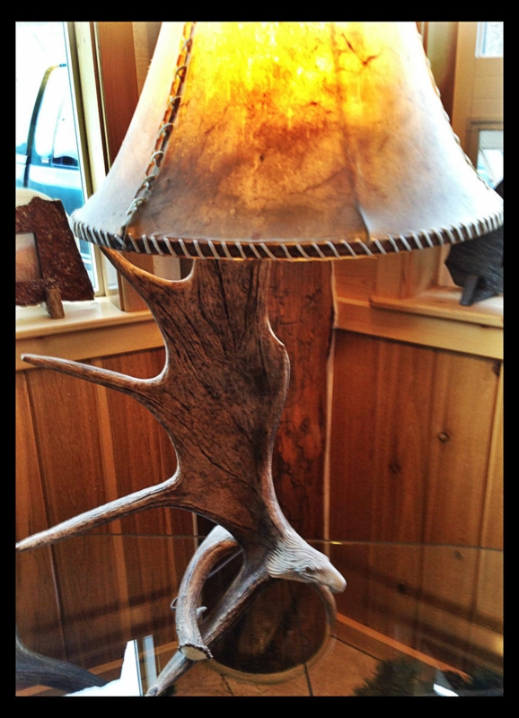 Table Lamp Eagle Head Carving, Palmated Moose Antler, Rawhide Shade