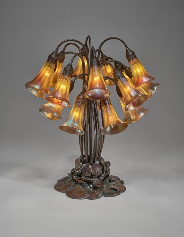 Table Lamp: Eighteen Light Trumpet Lily Shades, Iridescent Gold Glass