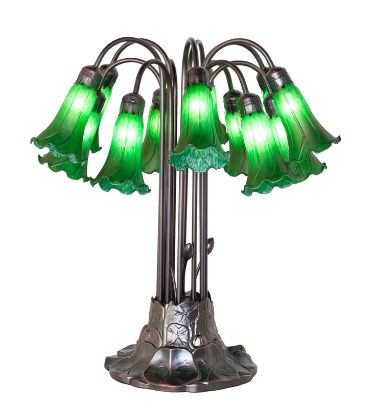 Table Lamp: Emerald Green Twelve Light Lily Shades, Dark Bronze Base