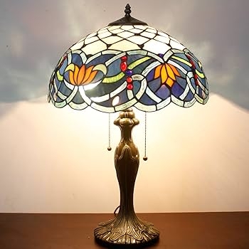 Table Lamp: Fish Scale Grid Blue Lotus Tiffany Style Lamp