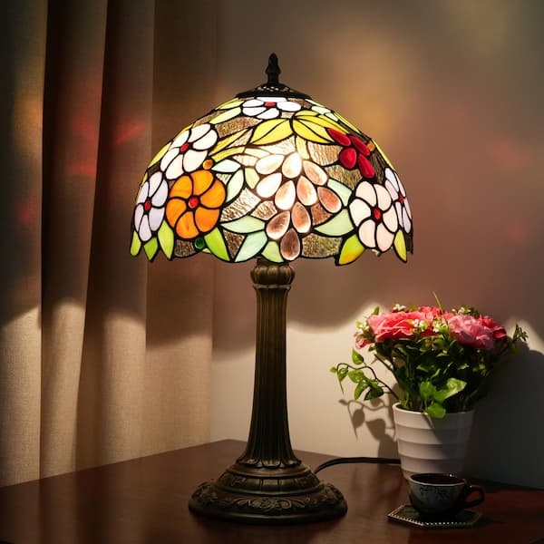 Table Lamp Fluted Neck Ornate Cast Base Floral Grape Stained Glass