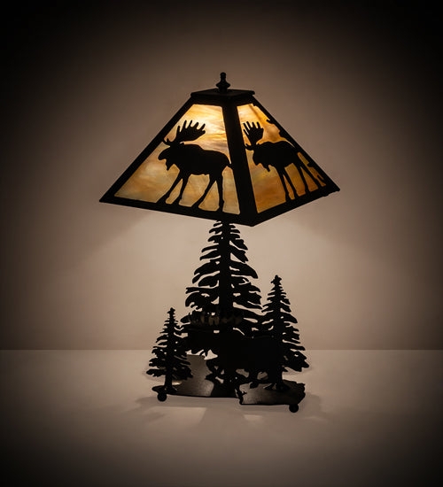 Table Lamp Forest Base, Moose Silhouette, Amber Glow, Rustic Lodge