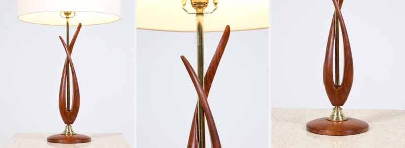 Table Lamp Freeform Sculpted Walnut Wood Brass Stem Danish