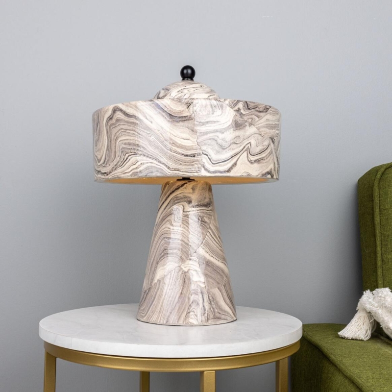 Table Lamp Glossy Ceramic Grey Marbled Pattern Conical Base