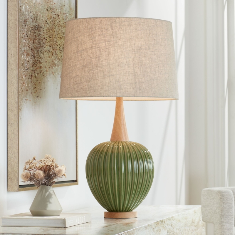 Table Lamp Green Ribbed Ceramic Wood Tapered Neck