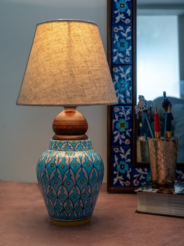 Table Lamp Handmade Blue Pottery Geometric Floral Pattern