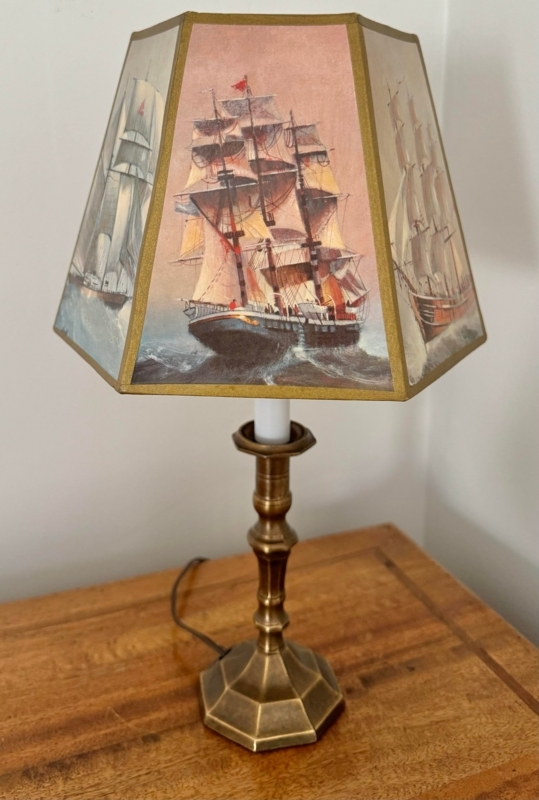 Table Lamp Hexagonal Shade Clipper Ship Art Aged Brass Nautical