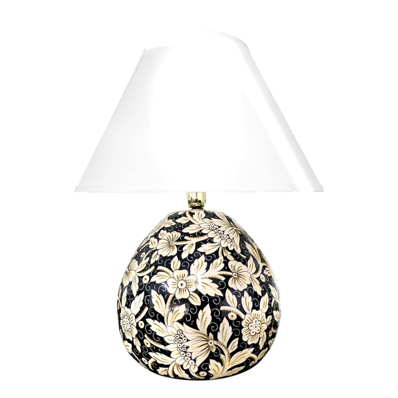 Table Lamp Italian Pottery Black Floral Pattern Egg Shaped Base