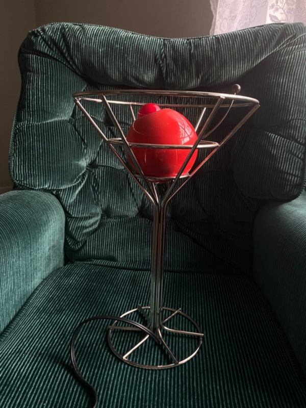 Table Lamp: Kitsch Metal Wireframe with Glossy Red Cherry Globe.