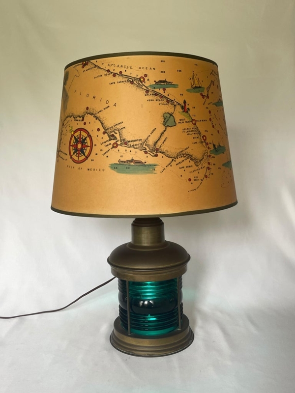 Table Lamp Lantern Base Florida Map Shade Teal Glass Fresnel Lens