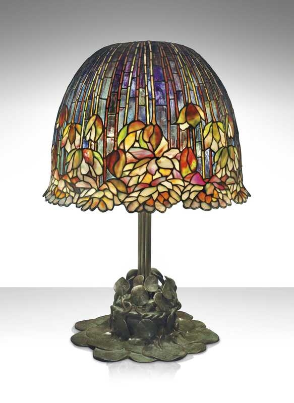 Table Lamp: Leaded Glass Pond Lily Shade, Jewel Toned, Sculpted Base