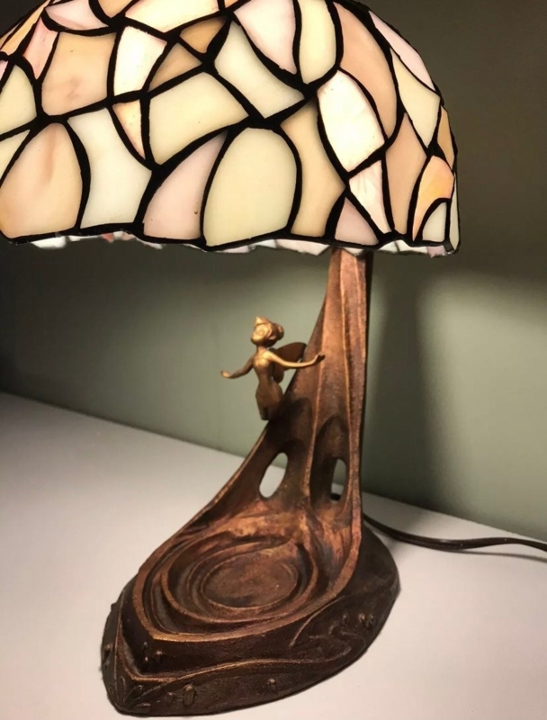 Table Lamp: Leaded Stained Glass Mosaic Shade on Bronze-Toned Base