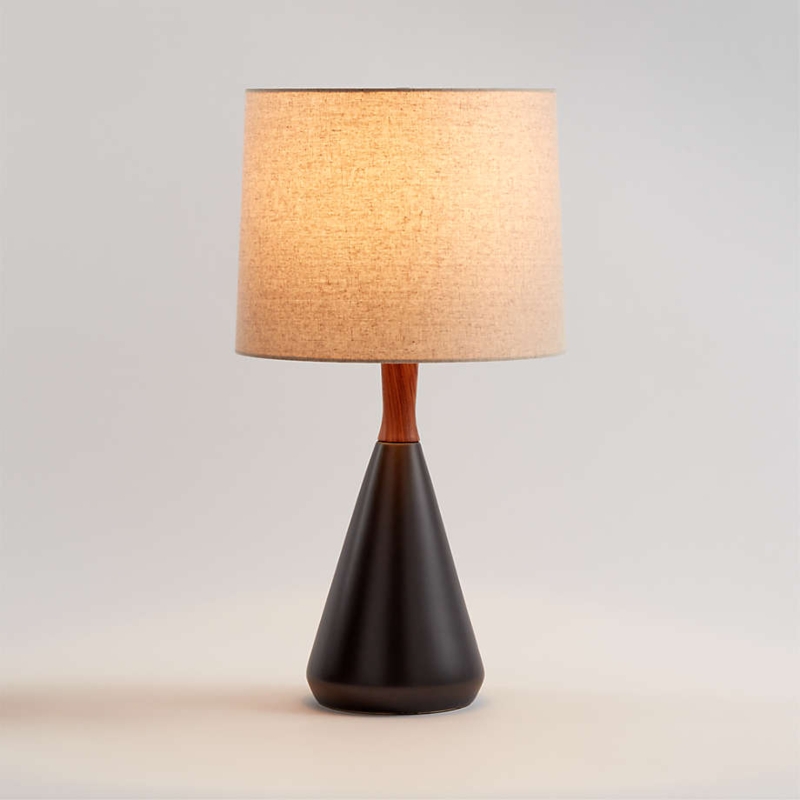 Table Lamp Matte Black Conical Base Wood Neck Accent