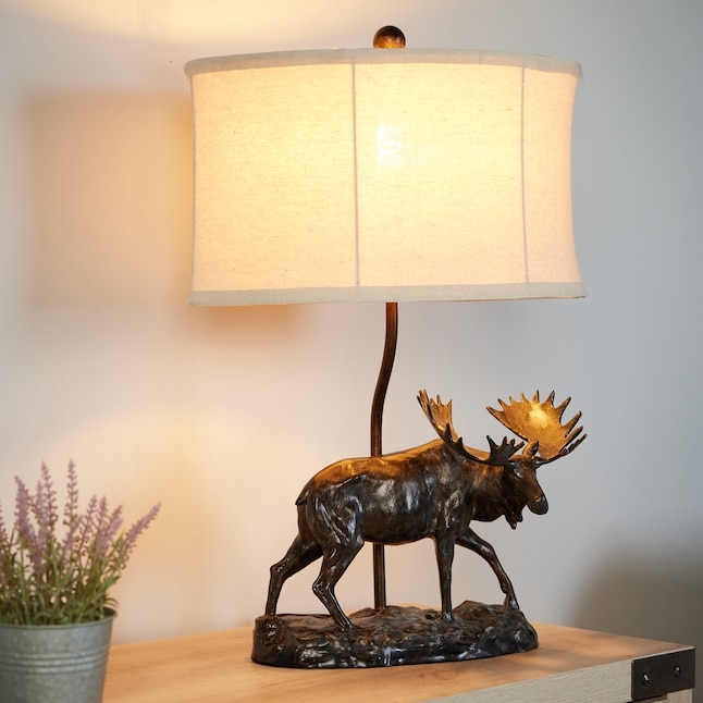 Table Lamp Moose Figurine, Bronze Finish, Rocky Base, Rustic Lodge