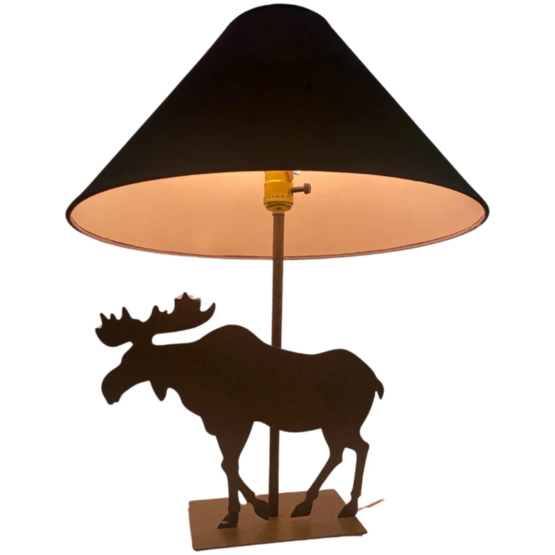 Table Lamp Moose Silhouette, Conical Black Shade, Rustic Lodge Metal