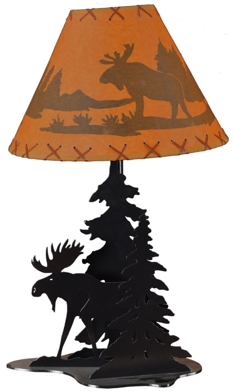 Table Lamp Moose Silhouettes, Whip Stitched Edges, Pine Tree Cutouts