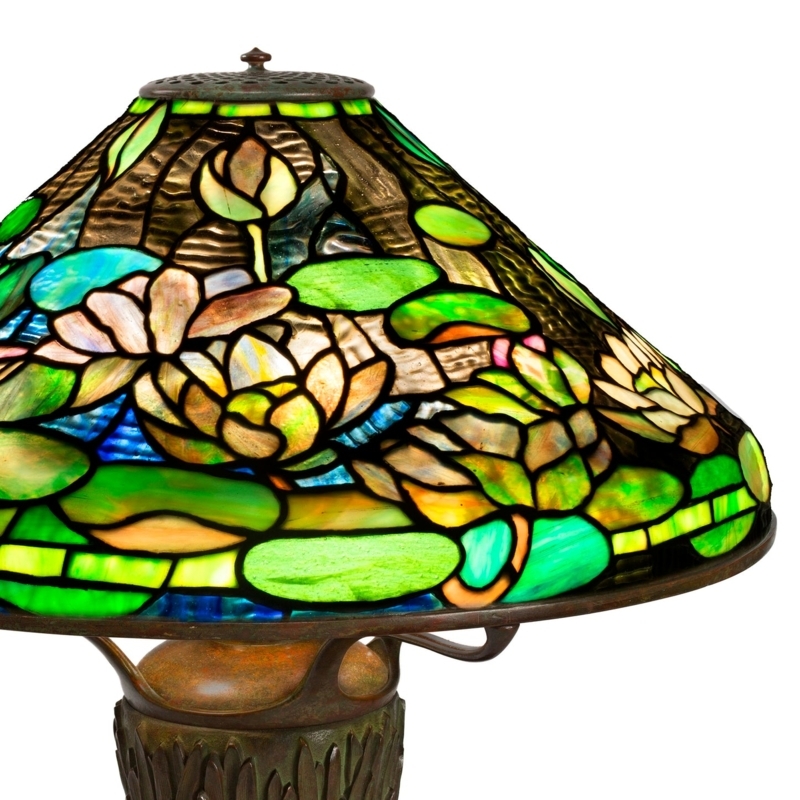 Table Lamp: Moss Green Leaded Glass Water Lily, Creamy White Shades