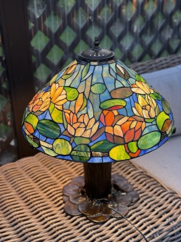 Table Lamp: Multi-Colored Stained Glass Water Lily Shade, Bronze Patina